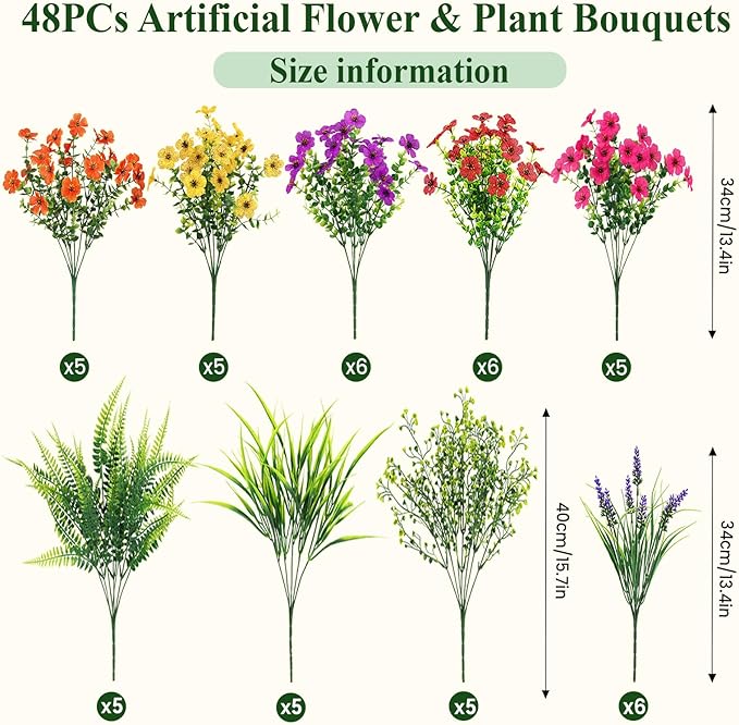 Alupssuc 48 Bundles Artificial Flowers for Outdoors Planters Spring Decoration, UV Resistant Faux Eucalyptus Violet and Lavender Silk Fake Plants for Outside Indoor Decor, Mix 5 Colors
