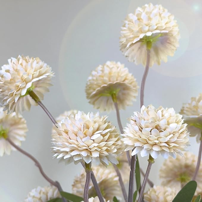 10 Pcs Artificial Flowers Pompon Mum Fake Flowers, Faux Small Mini Chrysanthemum Flowers, Realistic Faux Flowers for Room Decor Aesthetic, Living Room Farmhouse House Decor, Beige