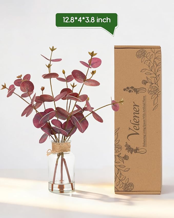 Velener Faux Eucalyptus Stems in Vase with Faux Water, Fake Plants Artificial Eucalyptus Plant for Home Decor, Kitchen Bathroom Farmhouse Living Room Coffee Table Faux Centerpieces for Tables (Red)