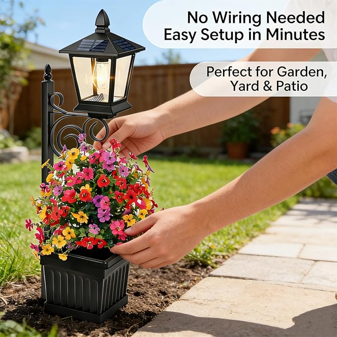 Solar Pathway Lights with Planter, 2-in-1 Outdoor Solar Lamp Post Light with Planter and Artificial Flowers, 27/35inch Outdoor Planters with Lights for Lawn,Patio,Yard & Pathway Decor (27in(Small)*2)