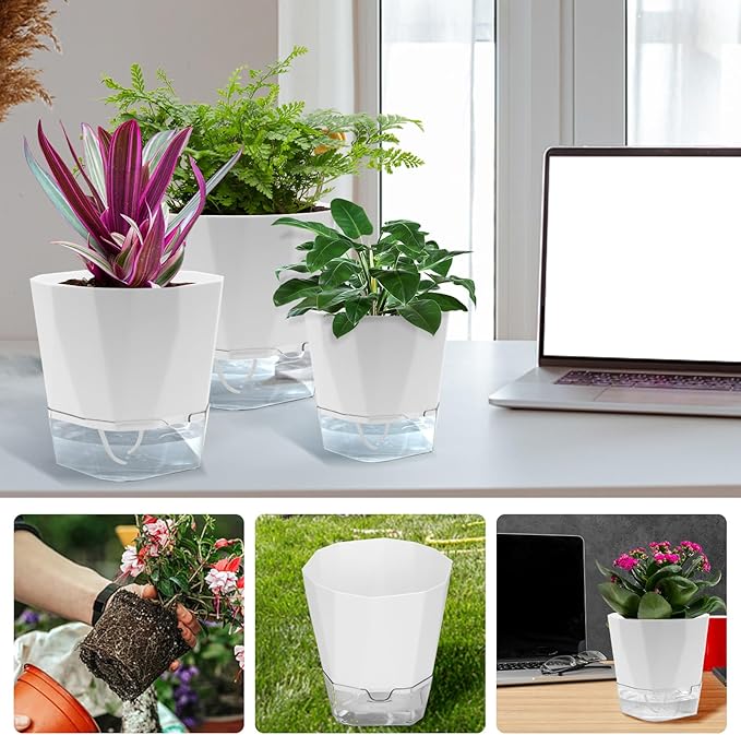 6 Pack Self Watering Plant Pot, 6.6/5 Inch Plastic Self Watering Pots for Indoor Outdoor Plants African Violet Pots Easy Plant Self Watering Pot with Wick Rope for Plants Flowers