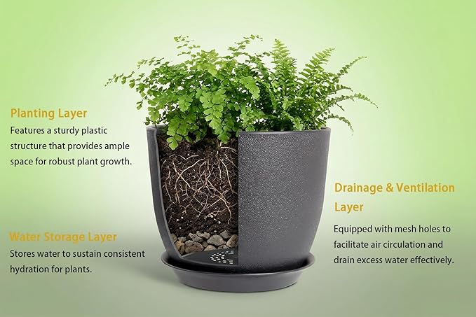 8 Inch Plant Pots Set of 4, Plastic Planters with Drainage Holes and Tray, Flower Pots for Indoor Outdoor Plants and Flowers (Black)