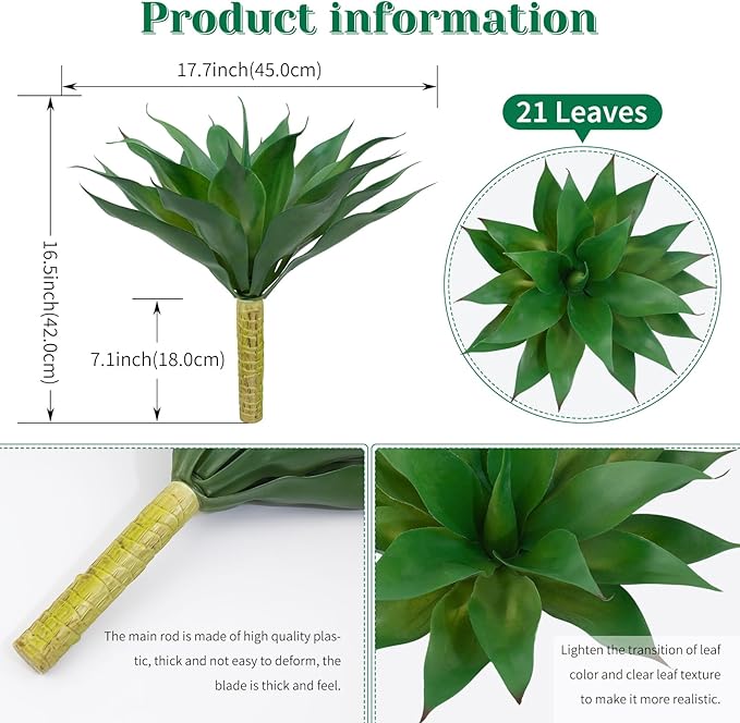 2 Pack Fake Agave Plants 18 Inch Large Artificial Succulents Realistic UV Resistant Faux Aesthetic Plants for Outdoor Decoration Tropical Plant Home Garden Front Porch Decor - 21Leaves, Dark Green