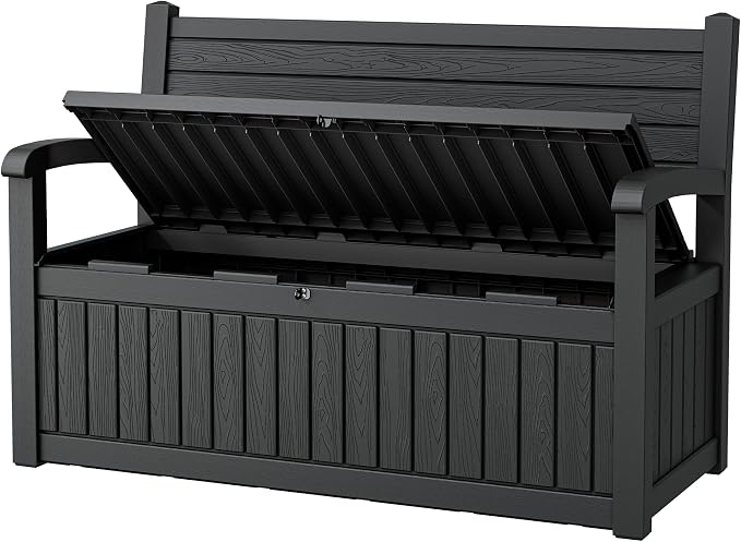 80 Gallon Outdoor Storage Box Waterproof, Storage Outdoor Porch Bench Doubles as 2-Person Bench Seat, Resin Stripes Deck Box for Cushions, Garden Tools and Pool Supplies Black