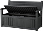 80 Gallon Outdoor Storage Box Waterproof, Storage Outdoor Porch Bench Doubles as 2-Person Bench Seat, Resin Stripes Deck Box for Cushions, Garden Tools and Pool Supplies Black