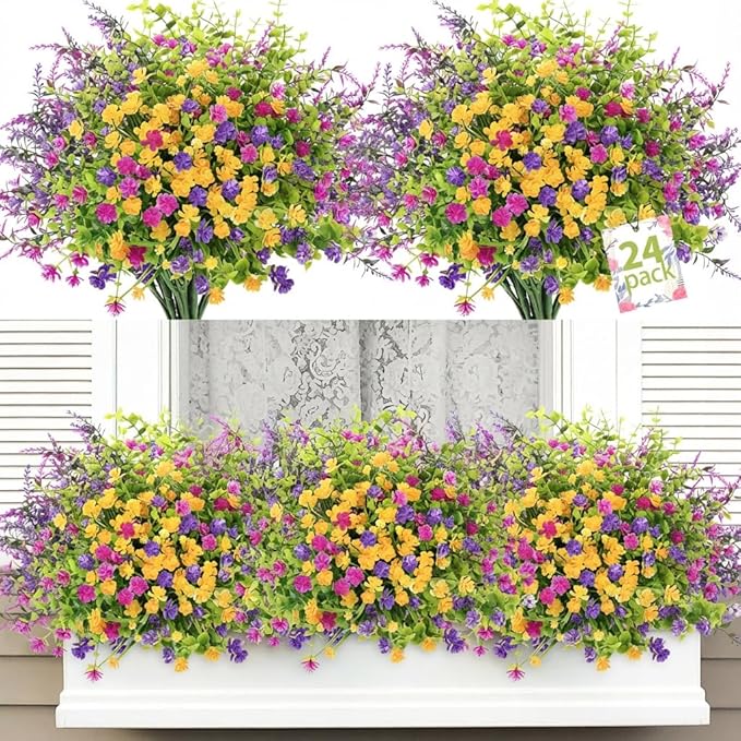 ATTGREAT Artificial Spring Flowers Outdoors UV Resistant Fake Greenery Plants Realistic Plastic Flowers Outside Faux Silk Wildflowers for Home Planter Porch Garden Decor, 24 Bundles (Multicolor)