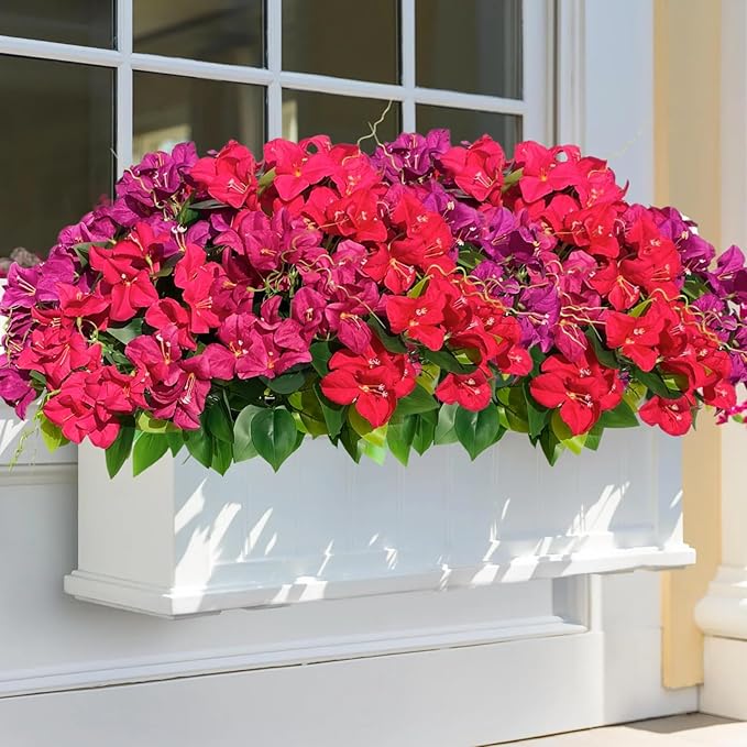 Artificial Bougainvillea Spring Flowers Faux Plants for Outdoors, Fake UV Resistant Look Real Silk Colorful Greenery for Outside Porch Planters Patio Summer Decoration, 8 Bundles