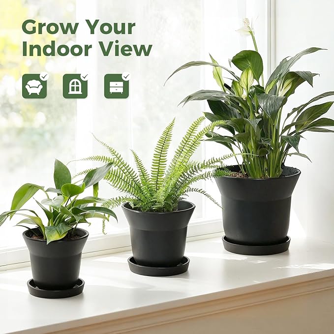 Bamworld Plant Pots Planters for Indoor Plants Flower Pots with Drainage Holes 3.5/4.9/6.3 Inch Set of 3 Plastic Planters for Outdoor Plants Garden Office Room Home Decor Textured Black