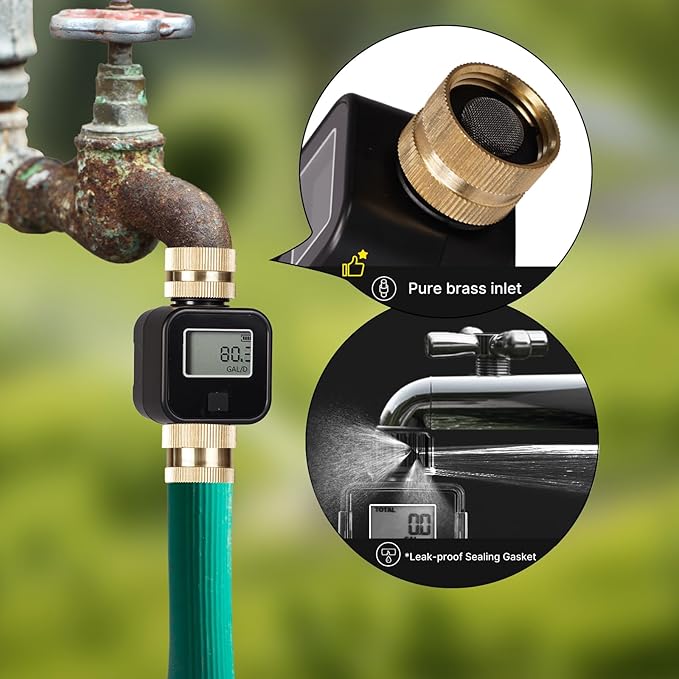 MOES Water Flow Meter with Brass Inlet Metal Thread, Measure Gallon/Liter Consumption and Flow Rate for RV Water Tank Filling, Outdoor Garden Hose Watering, Lawn Sprinkler and Nozzle Sprayer