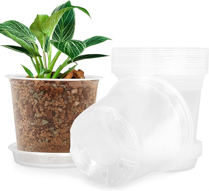 7 Inch Clear Nursery Pots for Plants with Sacuers 15 Pack, Plastic Flower Pots with Drainage Holes, Variety Pack Seedlings Garden Pot for Indoor Outdoor (7 inch)