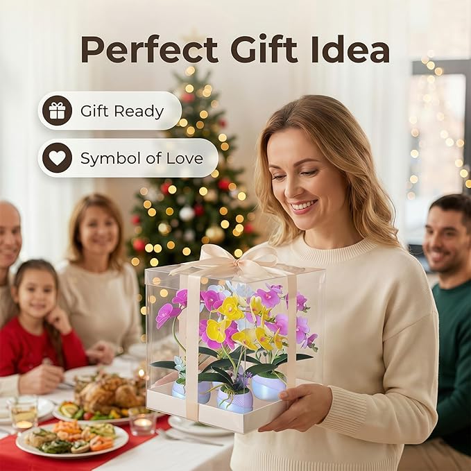 Artificial Orchid with 3D Printed Vase, Lifelike Fake Phalaenopsis Silk Flowers for Home Decor Living Room, Realistic Faux Orchids for Table Centerpiece(White)