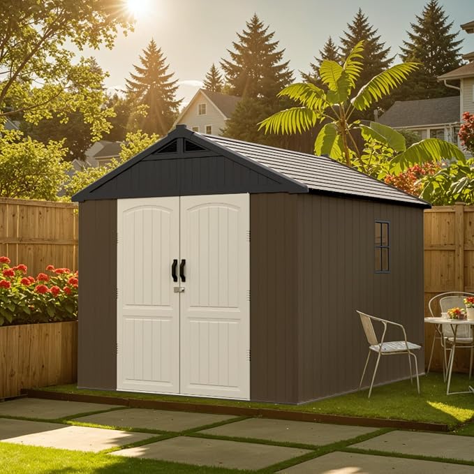 Patiowell 8 x 8 FT Plastic Outdoor Storage Shed with Floor, Resin Shed with Window and Lockable Door for Garden, Backyard, Tool Storage Use, Easy Assemble, Gray (Kick-it Shed)