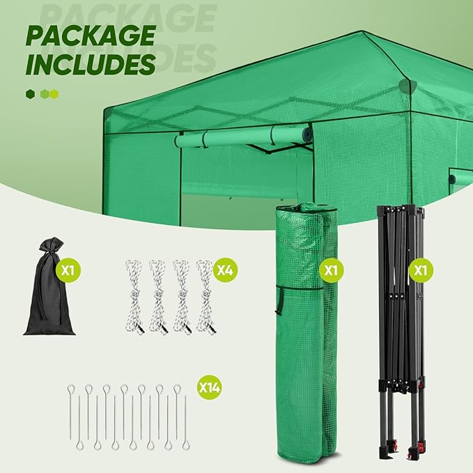 EAGLE PEAK 8x8 Portable Walk in Greenhouse, Pop Up Indoor Outdoor Greenhouse, Green House Kit with Zippered Roll-Up Doors and Windows, PE Cover, Clear/Green