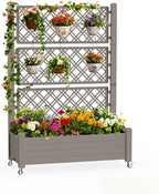 Mobile Elevated Planter Box with Trellis 3-Tier Lattice Trellis Planter with Rolling Wheels Outdoor Raised Garden Bed for Climbing Plants Vegetables and Flowers