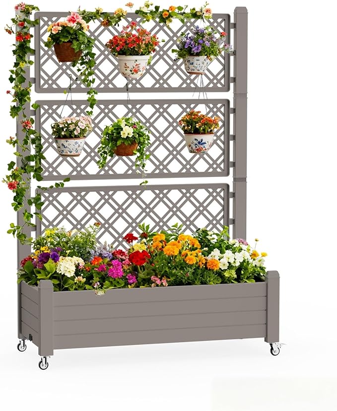 Mobile Elevated Planter Box with Trellis 3-Tier Lattice Trellis Planter with Rolling Wheels Outdoor Raised Garden Bed for Climbing Plants Vegetables and Flowers