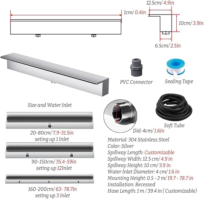 Pond Spillway Kit for Waterfall & Koi Pond Features - Soft Tube & Connector, 60CM Bottom Inlet for Overflow, Ideal for Garden Water Features