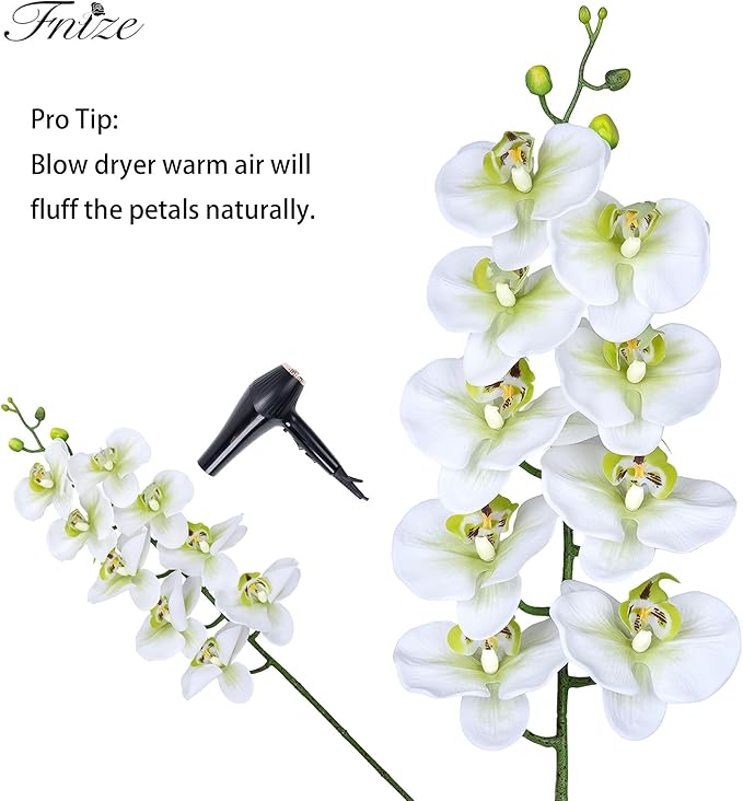 Fnize Faux Orchid Stems Real Touch Artificial Phalaenopsis Flowers Latex Petals 38 Inches 2pcs (Green White)