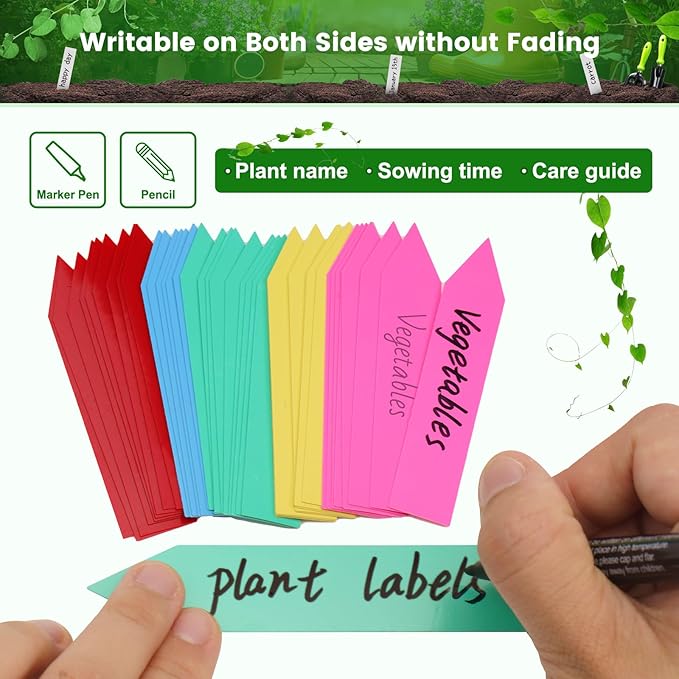 KINGLAKE Plant Labels,Plastic Plant Labels 4 Inch,Plant Tags,100 Pcs Nursery Garden Labels Plant Markers for Outdoor Garden Waterproof,Plants Name Tags Stake Tags Multicolored with Marking Pen
