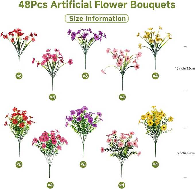Alupssuc 48 Bundles Artificial Flowers for Outdoors Decoration, UV Resistant Silk Faux Daisy Flora Spring Fake Plastic Plants Greenery for Outside Indoor Yard Home Porch Window Box Decor, Mix 5 Colors