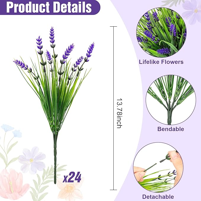 Roberly 24 Bundles Artificial Plants Outdoor, Fake Lavender Flowers UV Resistant Faux Shrubs Plastic Flowers Fake Greenery Plants for Porch Garden Window Box Home Indoor Outdoor Decorations, Purple