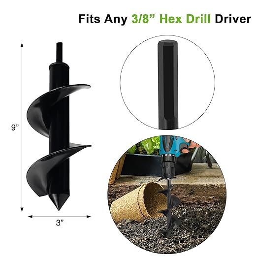 Auger Drill Bit for Planting 3 x 9 Inch, Garden Spiral Drill Bit Bulb Planter Tool Drill Auger for Planting Bulb, Bedding Plant, Post or Umbrella Hole Digger for 3/8" Hex Drive
