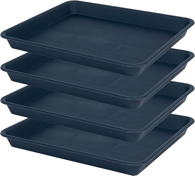 VUWEZ 4 Pack Plant Saucer Tray Rectangular, Plant Saucers for Indoors, Heavy Sturdy Plastic Plant Drainage Trays, Plant Drip Trays for Pots, Seed Starter Growing Tray (11 x 9 inch, Blue)