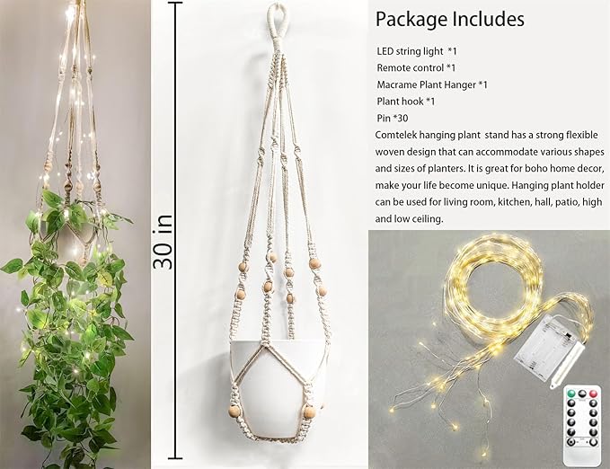 Comtelek Hanging Planter with Lights Indoor Macrame Plant Hanger Basket with Wood Beads Flower Pot Holder No Tassels for Boho Home Window Decor 35 Inch, Ivory (POTS NOT Included)