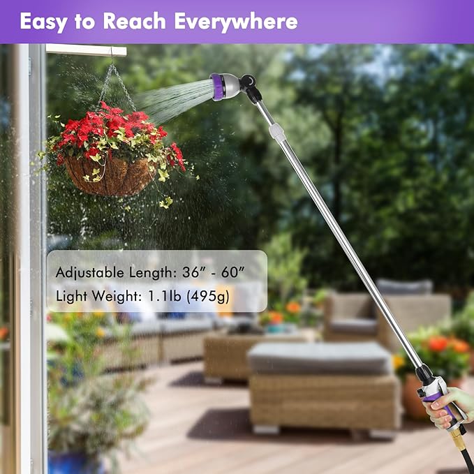 RESTMO 36”-60” Metal Watering Wand, Long Telescopic Tube | 180° Adjustable Ratcheting Head | 7 Spray Patterns | Flow Control, Perfect Garden Hose Sprayer to Water Hanging Baskets, Shrubs, Purple
