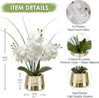 Oairse Artificial White Phalaenopsis Orchid Flower Arrangements Faux Orchid Flower in Gold Pot Orchid Centerpiece for Dining Room Table