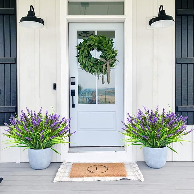 obbsie 12 Bundles Artificial Plants Outdoor, 18.2" UV Resistant Faux Monkey Grass Greenery Stems No Fade Faux Plastic Flowers Shrubs for Home Weddings Garden Porch Front Patio Office Decor - Purple