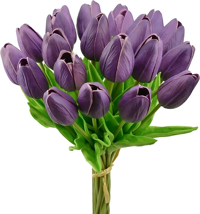 Mandy's Purple Artificial Tulips Flowers Centerpiece, 13.5" Lifelike PU Fake Floral Stems 20pcs for Kitchen Island & Dining Table, Spring Decor for Easter