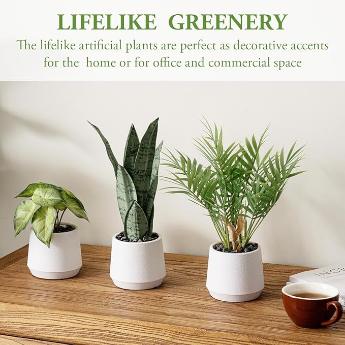 MyGift Modern Assorted Artificial Plants Potted in White Textured Planter Pots, 3 Piece Combo Set Tabletop Greenery House Plant Includes Faux Mini Palm, Arrowhead Vine, and Snake Plant