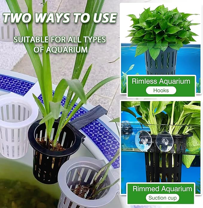 Upgraded Large Aquarium Plant Holder with Extension Hooks and Suction Cups, Aquatic Plants Cup for Tank for Fish Tank Aquaponic Plant Cultivation and Aquascape Accessories (Black-2PC)