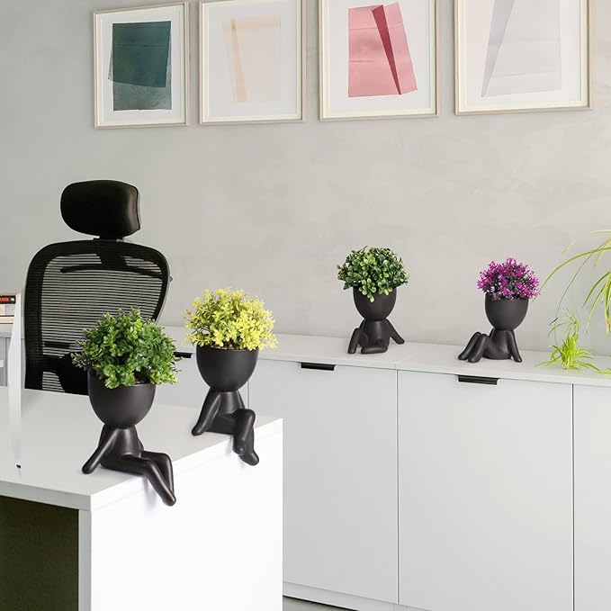 Zerzsy 4 Pack Cute Small Fake Plants with Creative Human Shaped Pots, Fake Plants Artificial Greenery Potted for Home Decor Indoor Shelf Desk Tabletop (Black)