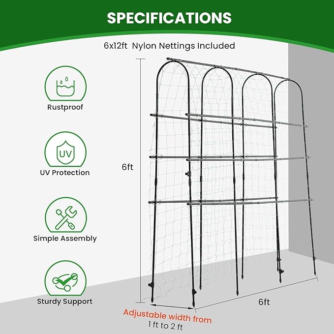 OTOSUNNY Garden Trellis for Climbing Plants Outdoor, 6 FT Tall Arch Tunnel, Metal A-Frame Plant Support with Trellis Netting Vegetable Fruit Flower, Cucumber Trellis for Garden Raised Bed