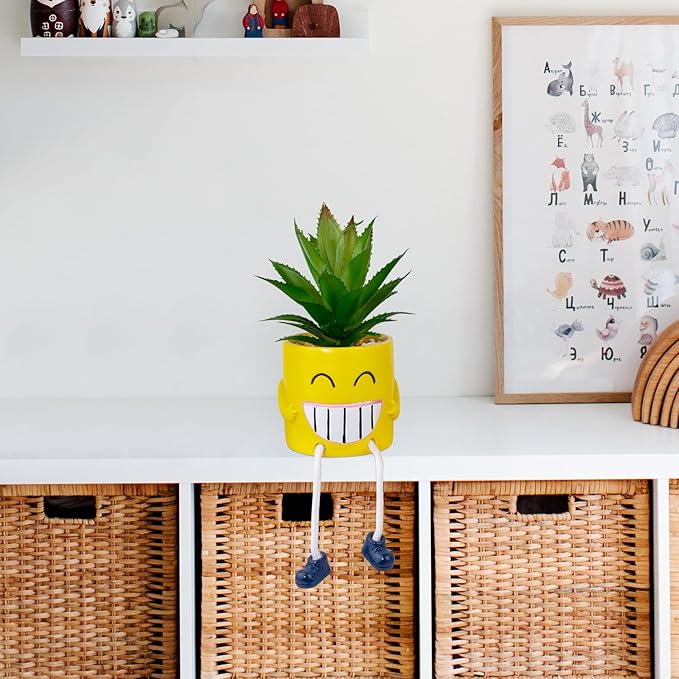Fake Plants Small Potted Succulents with Yellow Pot, Creative Artificial Succulent Plants in Hanging Leg Fun Pot, Mini Vibrant Faux Plant for Home Office Desk Decor and Gift Choice