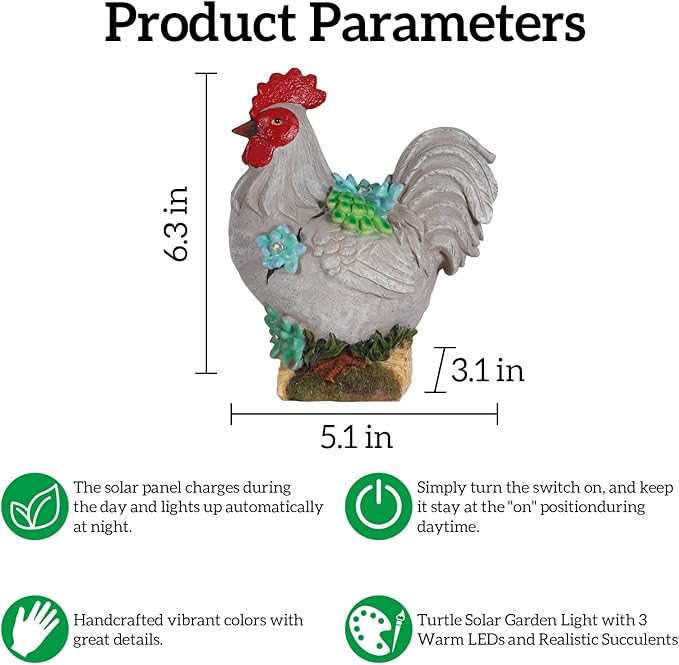 mocosa Solar Garden Statues Gray Rooster and LED Lights Birthday Gifts for Women Mom Grandma Solar Outdoor Cat Decor for Outside,Outdoor Solar Lights for Yard, Garden and Patio, Unique Gift for Women
