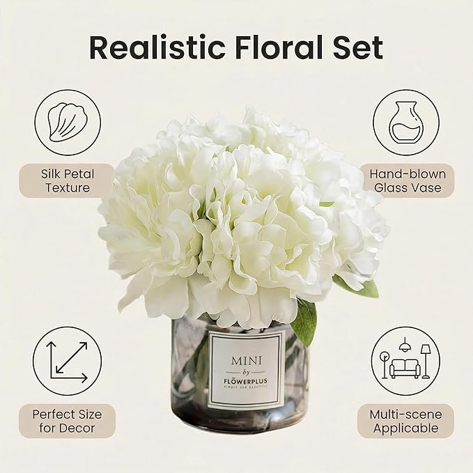 Artificial Hydrangea Flowers with Vase Realistic Faux Peonies, White Hydrangea for Living Room, Dining Table, Office, Wedding, Banquet & Home Decoration
