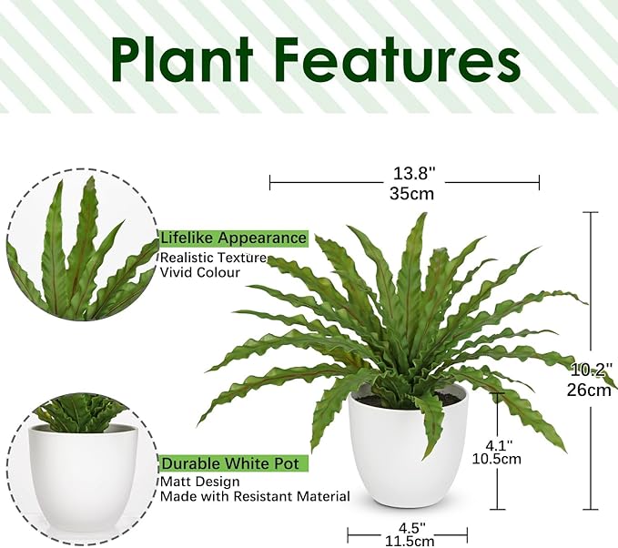 GnFlus Artificial Fern Plant in White Pot, 11 Inch Fake Bird’s Nest Ferns Plants Faux Potted Fern Plants for Home Living Room Bathroom Kitchen Office Table Indoor Decor