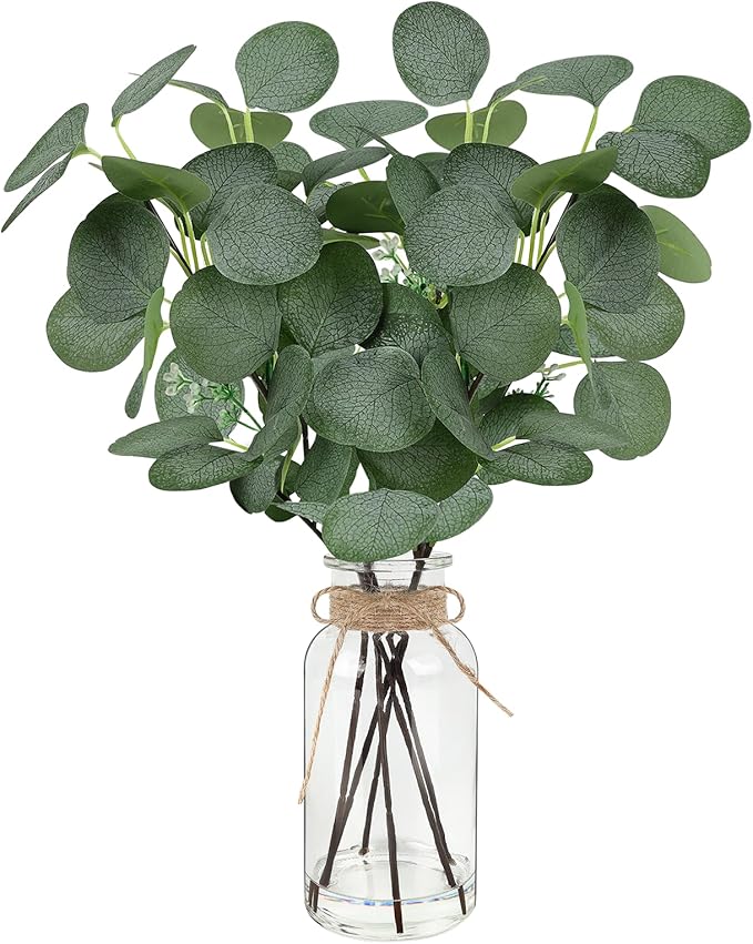 Bessol Artificial Eucalyptus Stems in Glass Vase 14" 6Pcs Faux Eucalyptus Branches Home Table Decor Fake Greenery Plants Stems for Farmhouse Wedding Centerpiece Bathroom Decorations