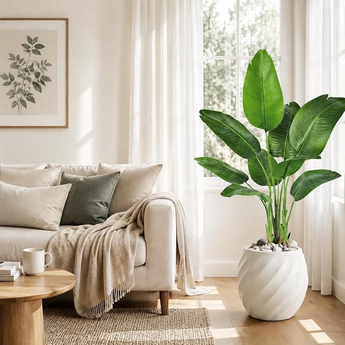 Birds of Paradise Plant Artificial, 4FT Fake Plants Faux Banana Leaf Tree with 9 Banana Leaves, Lifelike Tall Fake Tropical Palm Indoor Silk Floor Plant in Black Pot for House,Office,Room,Home Decor