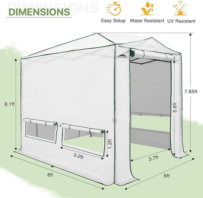 EAGLE PEAK 8x6 Portable Walk in Greenhouse, Pop Up Indoor Outdoor Greenhouse, Green House Kit with Zippered Roll-Up Doors and Windows, Woven Cover, Translucent