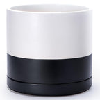D'vine Dev 14 Inch Ceramic Planter Pot with Drainage Hole and Saucer, Indoor Cylinder Round Planter Pot, Layered Monochrome Black & White, 94-O-G-L