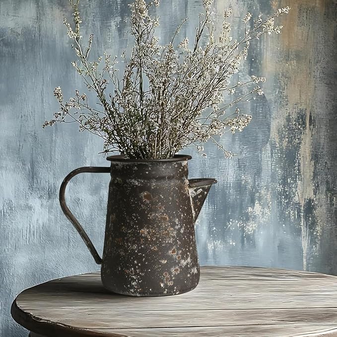 Vintage Pitcher Vase Rustic Farmhouse Vase for Flowers Vintage Metal Milk Jug Small Decorative Pitcher Shabby Chic Decor for Home, Kitchen, Bathroom, Brown