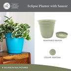 The HC Companies 10 Inch Eclipse Round Planter Pots with Drainage Holes & Attached Saucer, Lightweight UV-Resistant Plastic Indoor Outdoor Planters, 2-Pack Flower Pots for Garden & Home Decor, Seafoam