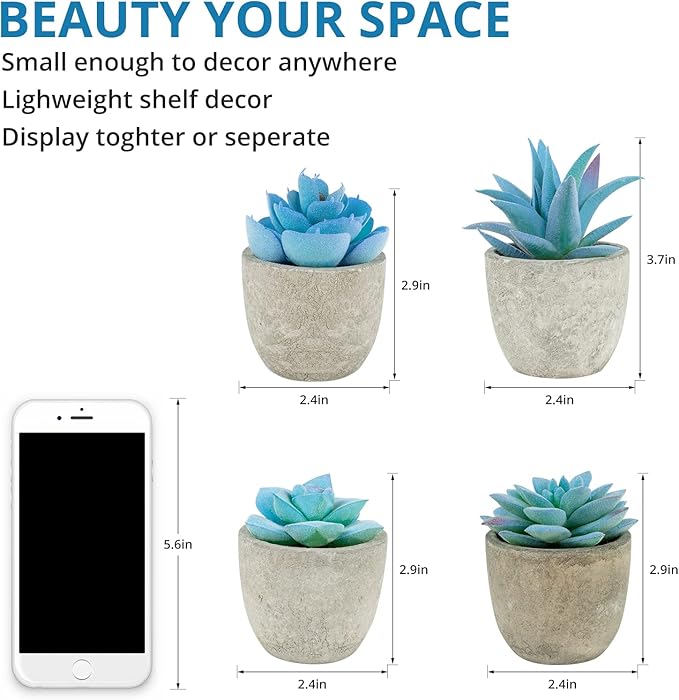 Set of 4 Blue Fake Succulents Potted, Mini Succulents Plants Indoor, Blue Decor Small fakeplants for Shelves Home Office Table Bathroom Bedroom Kitchen Desk Decor Shelf Decor