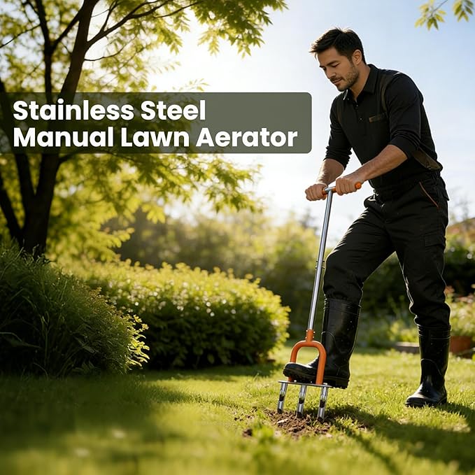 Lawn Aerator, Stainless Steel Lawn Aerator Tool with 3 Hollow Tines, Yard Grass Soil Core Aerator, Manual Lawn Plug Aerators, Core Aeration Tool for Lawn Garden Compacted Soil (Orange)