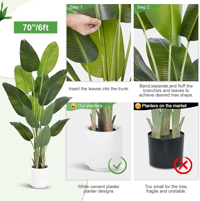 Artificial Bird of Paradise Plant 6Ft Tall Fake Tropical Palm Tree Large Fake Plants with 13 Silk Banana Leaves Faux Plant Indoor Decor Trees with White Pot for Home Bedroom Living Room Office