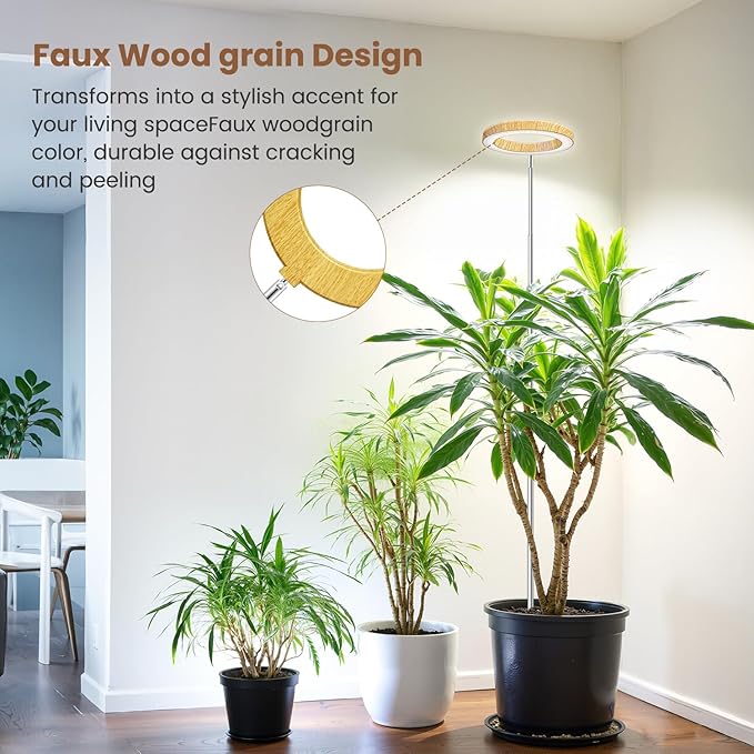 Grow Lights for Indoor Plants, Full Spectrum Plant Lights for Indoor Growing with 6/12/16H Timer, 3 Optional Spectrums, 5 Brightness, Height Adjustable 10"-65" Wood Grain Growing Lamp