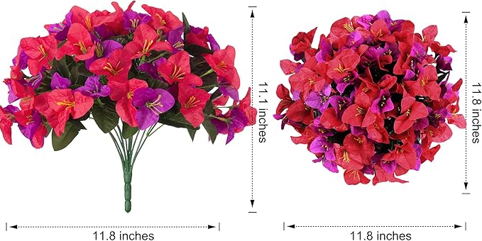 Artificial Faux Flowers for Outdoors Spring Summer Outside Decor, 4 Bundles Fake Silk Bougainvillea UV Resistant Look Real Faux Plants for Planter Patio Porch Window Garden Home Decoration, RedPurple